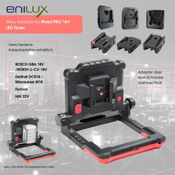 Enilux Mobil PRO 18V inkl. Adapter für METABO 18V, DeWalt DCB18, Milwaukee M18, BOSCH GBA 18V, WÜRTH LI-CV-18V, Festool, Hilti 22V, Makita BL